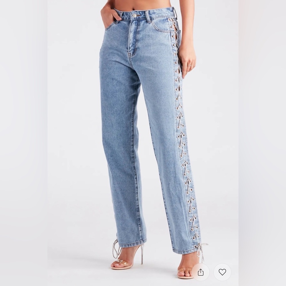 Windsor Light Blue Rhinestone Lace-Up Straight Leg Jeans